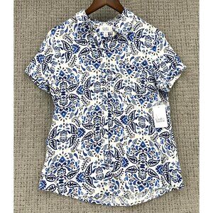 Croft & Barrow Shirt Womens Size XS White Blue Button Up Short Sleeve Paisley